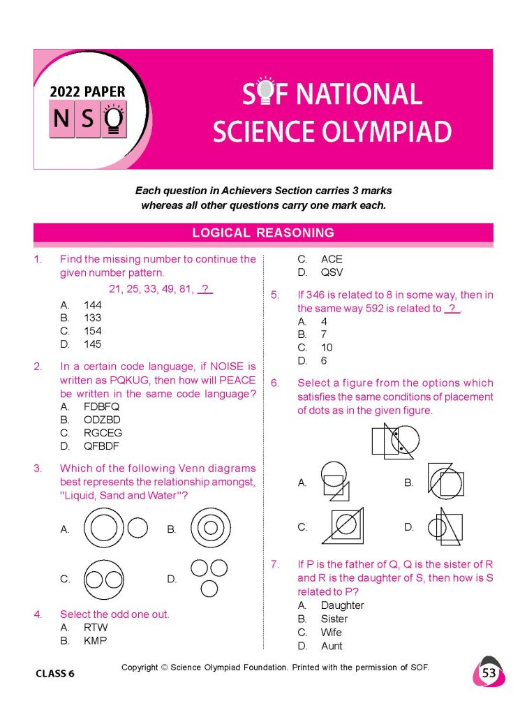 SCIENCE OLYMPIAD SAMPLE PAPERS FOR CLASS 6 WITH ANSWERS PDF DOWNLOAD 2024 visual data 4